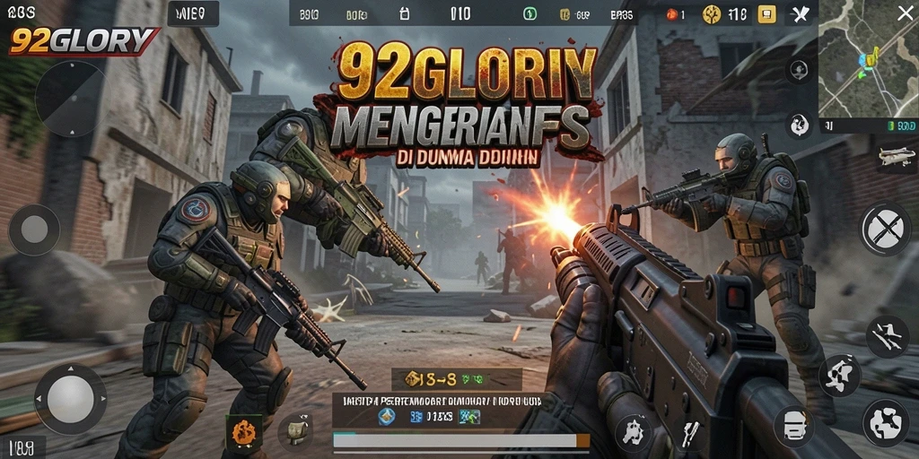 Tampilan gameplay 92GLORY yang menegangkan dalam pertempuran FPS.