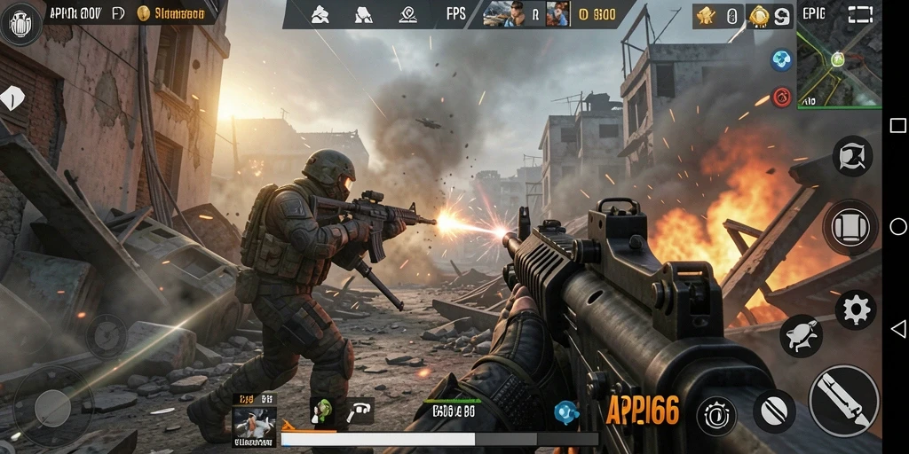 Screenshot utama API66 menunjukkan aksi menegangkan dalam gameplay FPS.