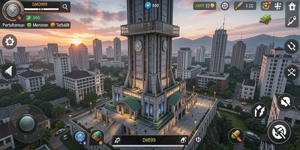 Tangkapan layar gameplay DMD999 yang intens dalam aksi Tower Defense.