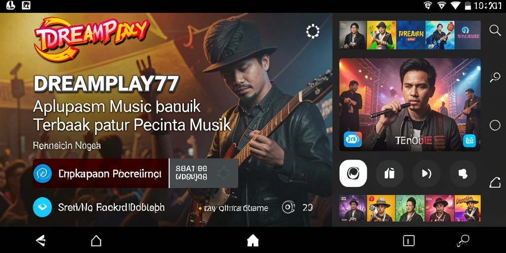 Tampilan gameplay dari aplikasi musik DREAMPLAY77 yang menampilkan berbagai fitur menarik.