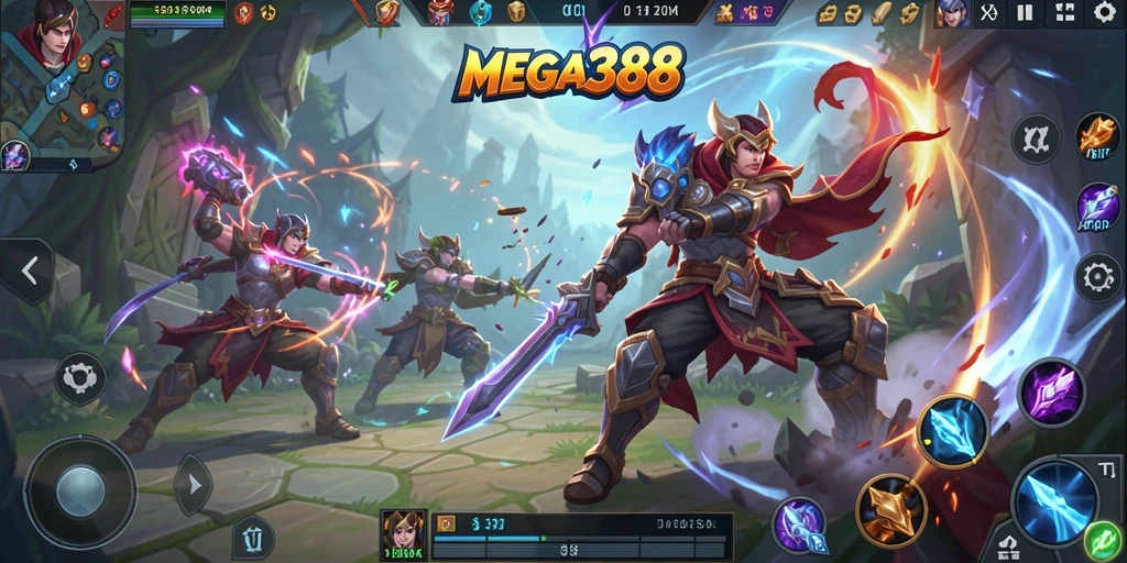 Tangkapan layar utama MEGA388 menampilkan aksi intens dalam pertempuran MOBA.