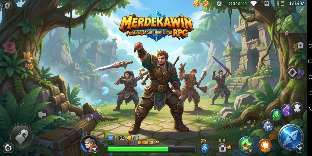 Screenshot gameplay MERDEKAWIN dengan karakter bertarung melawan monster.