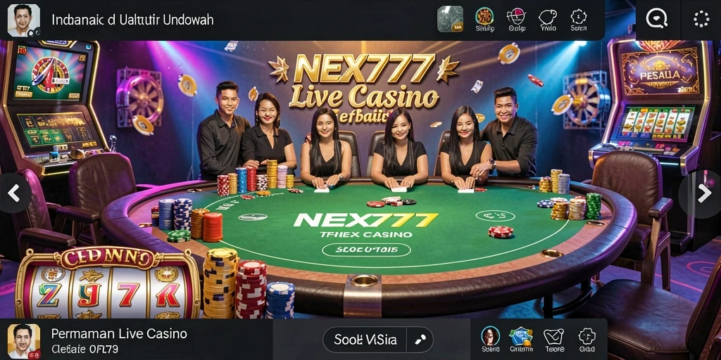 Screenshot gameplay NEX777 menunjukkan dealer langsung dan suasana permainan.
