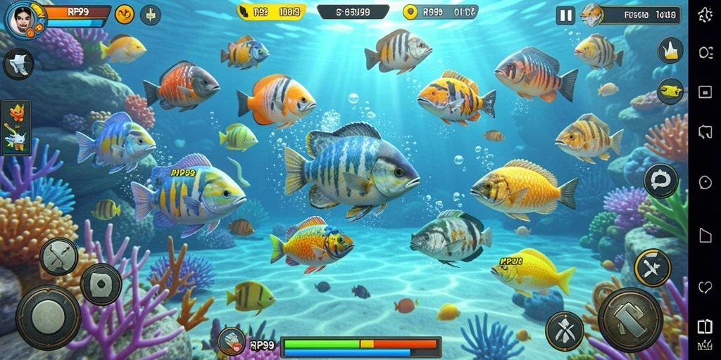Tampilan gameplay RP99 saat menembak berbagai ikan yang berwarna-warni.